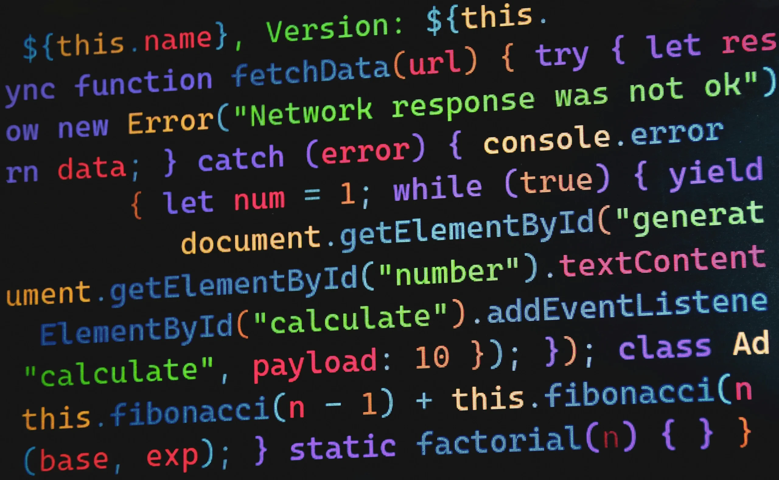 TypeScript code on screen - C plus plus code in an coloured editor square strongly foreshortened