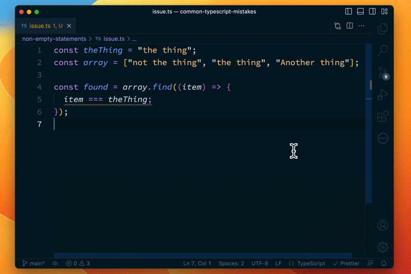 IDE with TypeScript code on screen - Common TypeScript issues No.2: non-empty statements | Sonar