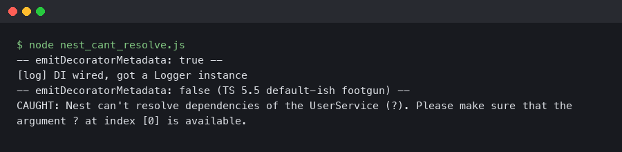 Nest Can’t Resolve Dependencies ‘?’ at Index 0 After Disabling emitDecoratorMetadata on TS 5.5