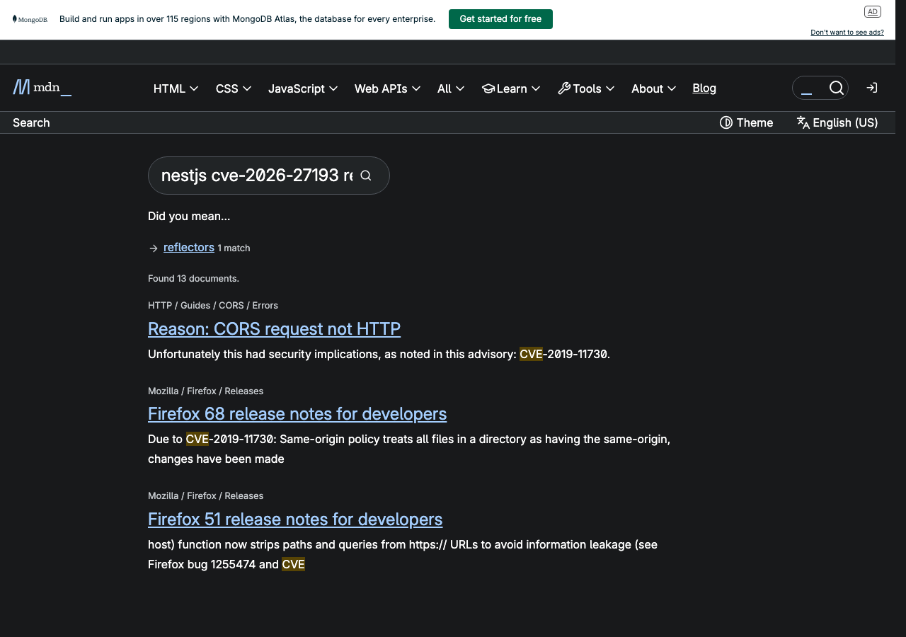 Official documentation for nestjs cve-2026-27193 reflector