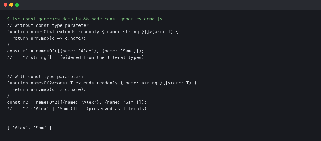 Side by side comparison of TypeScript inference with and without const type parameter