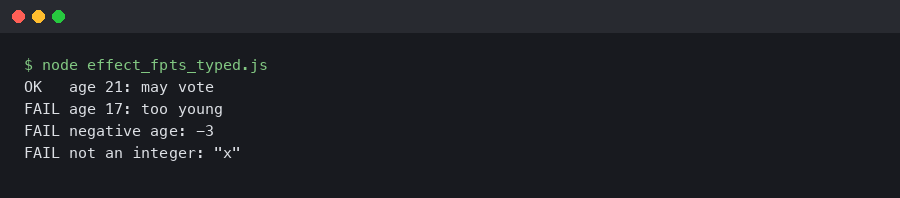 Terminal output for Effect vs fp-ts for typed functional TypeScript: error tracking and learning curve compared