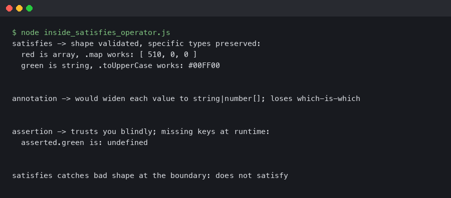 Terminal output for Inside the satisfies Operator: How It Differs From Type Assertions and Annotations
