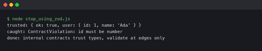 Terminal output for Stop using Zod for internal-only API contracts