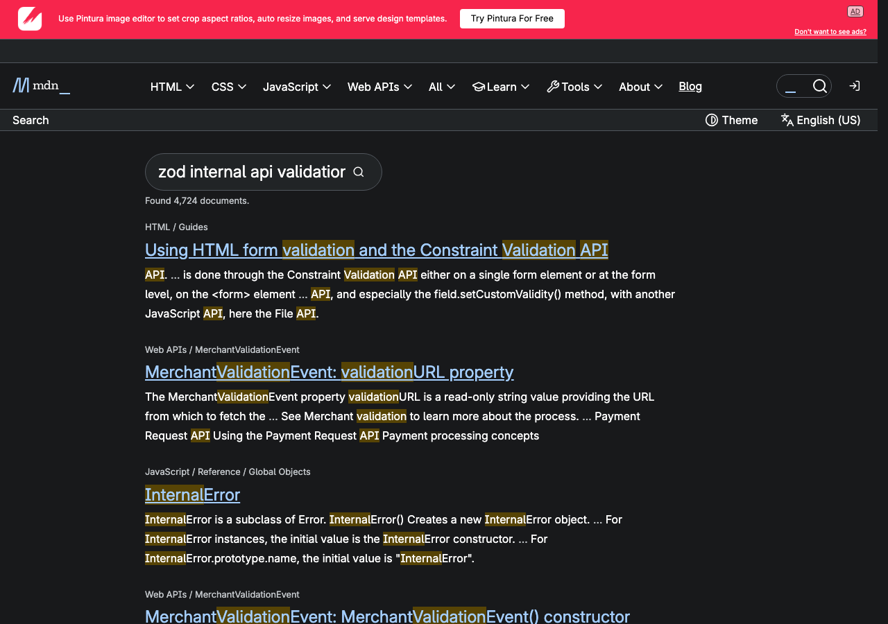 Official documentation for zod internal api validation